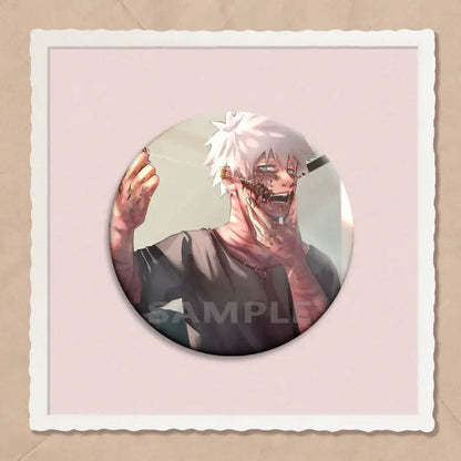 Circular hero academia dabi button pin featuring an anime character with white hair, green eyes, and dark gray clothing