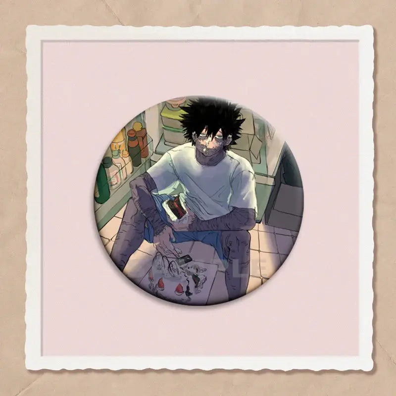 Circular hero academia dabi button pin featuring anime character in white t-shirt sitting by shelves of bottles