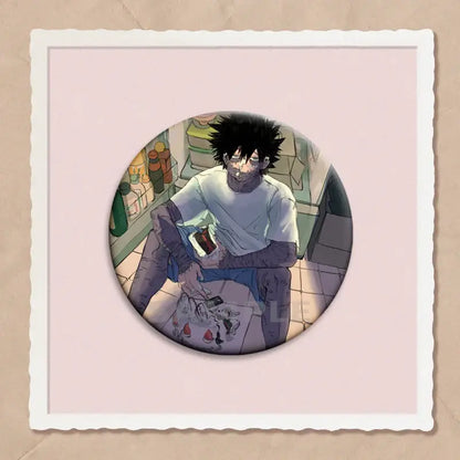 Circular hero academia dabi button pin featuring anime character in white t-shirt sitting by shelves of bottles