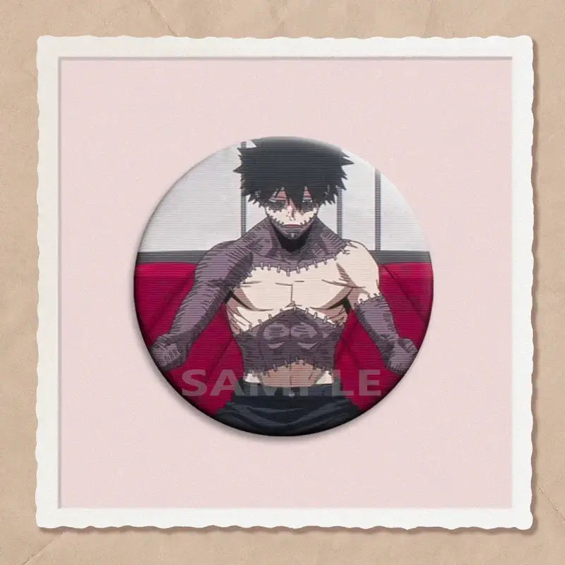 Circular hero academia dabi button pin featuring an anime character with spiky black hair stitched skin and red cape