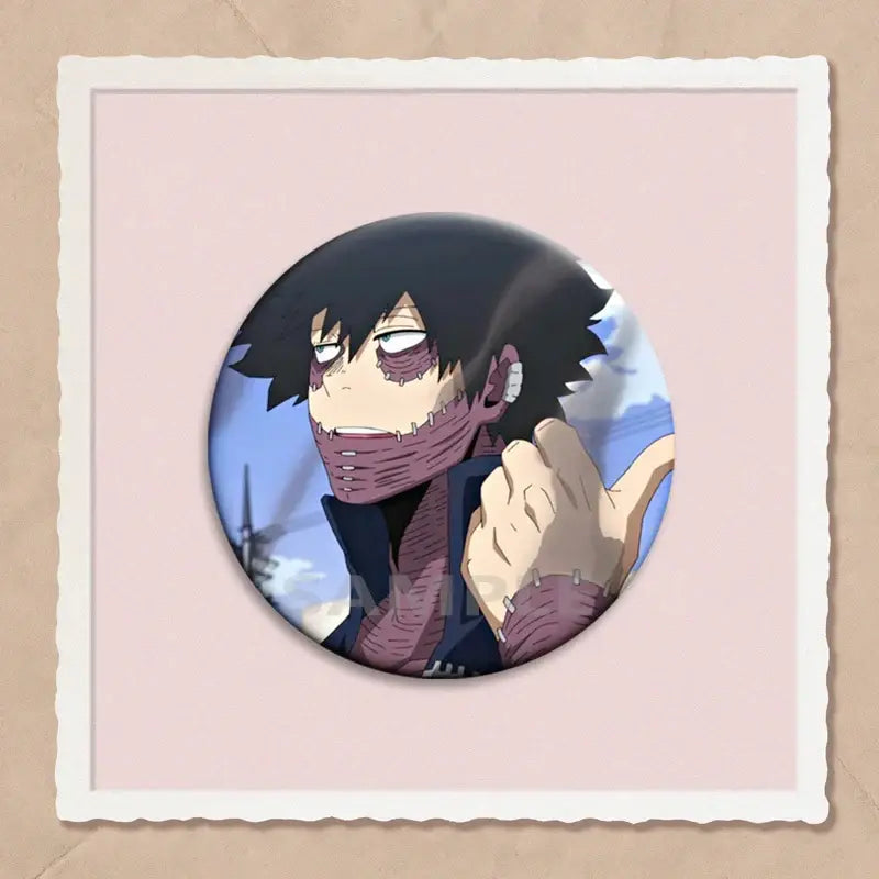 Circular hero academia dabi button pin featuring an anime character with black spiky hair and maroon stitched markings