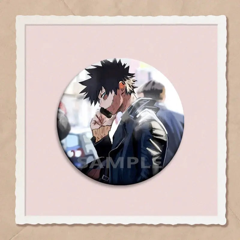 Circular my hero academia dabi button pin featuring dabi with spiky black hair holding a phone to his ear