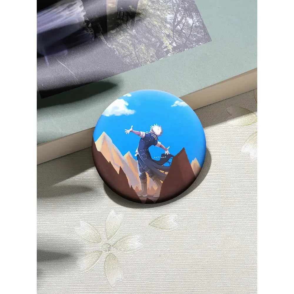 Circular blue and brown hero academia dabi button pin featuring white-haired anime character on mountain under bright sky