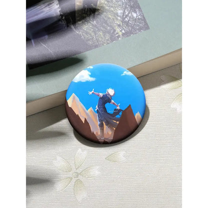 Circular blue and brown hero academia dabi button pin featuring white-haired anime character on mountain under bright sky