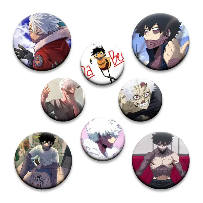 Set of seven glossy circular hero academia dabi button pins featuring vibrant colorful anime artwork in 32 44 58mm sizes