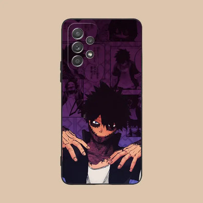 Purple samsung galaxy 5g phone case featuring hero academia dabi with spiky black hair and stitched face on back side