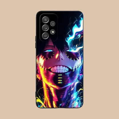 Back side of vibrant neon samsung galaxy 5g protective phone case featuring hero academia dabi with glowing blue and orange effects