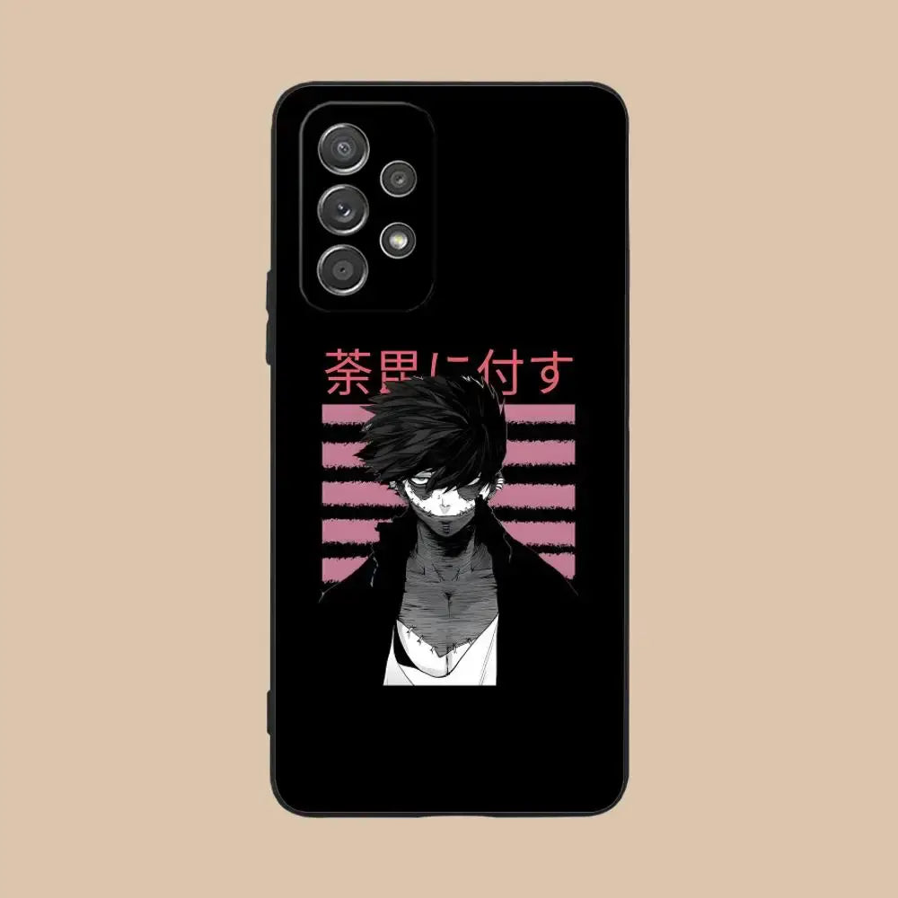 Black samsung galaxy 5g protective phone case featuring hero academia dabi with spiky hair and pink japanese text on back