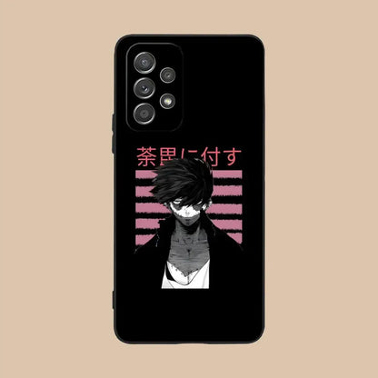 Black samsung galaxy 5g protective phone case featuring hero academia dabi with spiky hair and pink japanese text on back