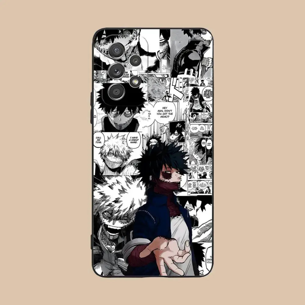 Back side of black and white manga-themed hero academia dabi phone case for samsung galaxy 5g protective model