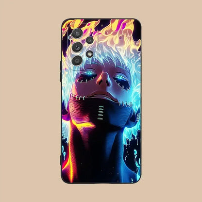 Back of a vibrant neon samsung galaxy 5g protective case featuring hero academia dabi with glowing blue eyes and fiery hair