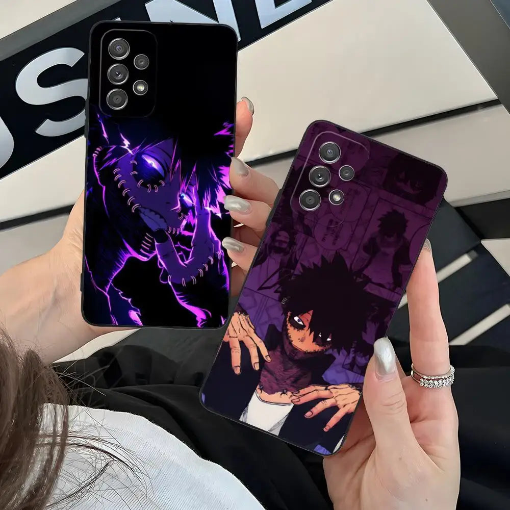 Two black samsung galaxy 5g hero academia dabi phone cases with purple glowing and anime boy designs on the back side