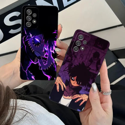 Two black samsung galaxy 5g hero academia dabi phone cases with purple glowing and anime boy designs on the back side