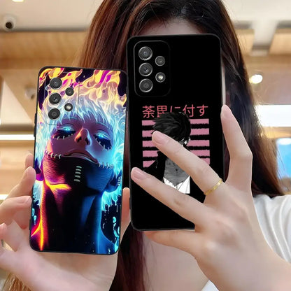 Two samsung galaxy 5g protective phone cases featuring vibrant hero academia dabi neon art and black and white anime design back view