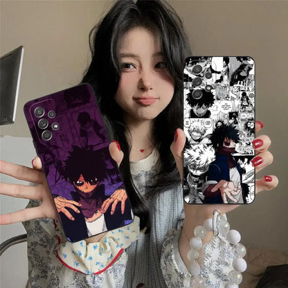 Two samsung galaxy 5g phone cases featuring hero academia dabi with purple gradient and black and white comic designs on back