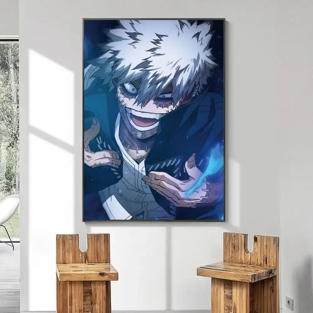 A framed hero academia dabi wall poster featuring a character with spiky white hair and blue eyes in waterproof print