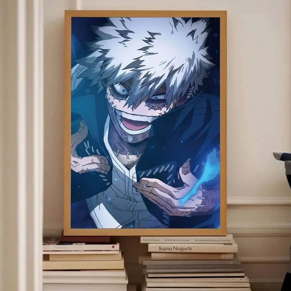 A framed anime wall poster of hero academia character dabi with spiky white hair holding glowing blue energy waterproof print