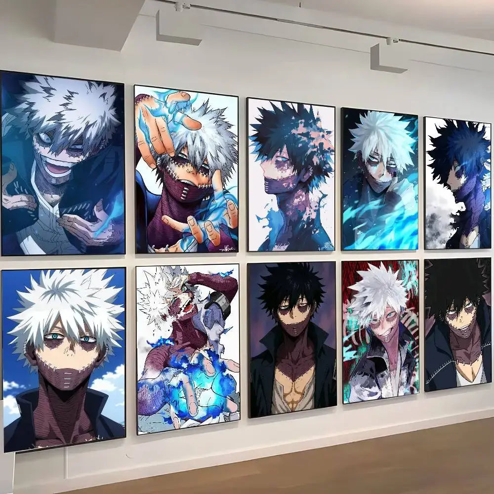 Set of ten framed hero academia dabi wall posters with vibrant blue white and black waterproof prints
