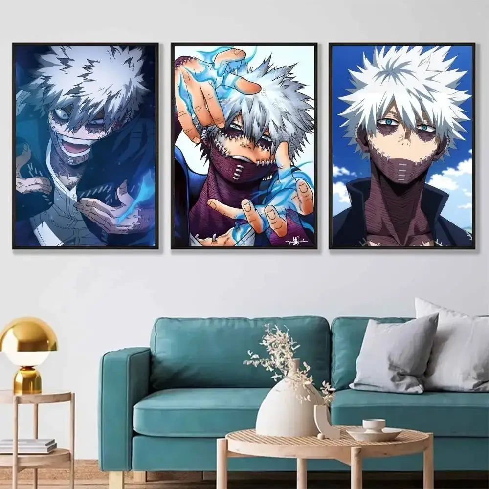 Three framed hero academia anime wall art prints of katsuki bakugo with dynamic poses on blue and dark backgrounds