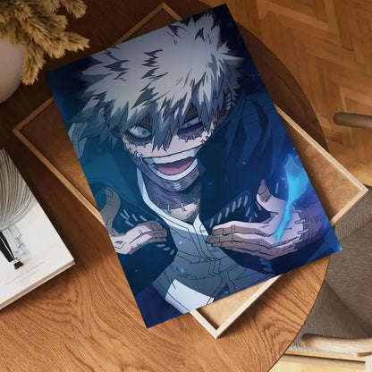 A vibrant blue my hero academia dabi wall poster featuring a spiky white-haired character with stitched facial features in dynamic action waterproof print