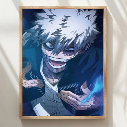 Framed my hero academia dabi anime poster with spiky white hair and stitched face on dark blue waterproof print