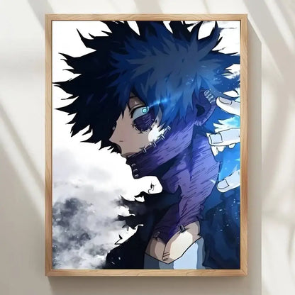 A framed my hero academia dabi wall poster featuring spiky dark blue hair and glowing cyan eyes with purple bandages