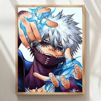 A waterproof my hero academia dabi wall poster featuring a framed anime illustration with white hair and blue energy