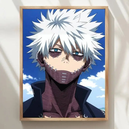 A framed hero academia dabi wall poster featuring spiky white hair and stitched face against a blue sky background