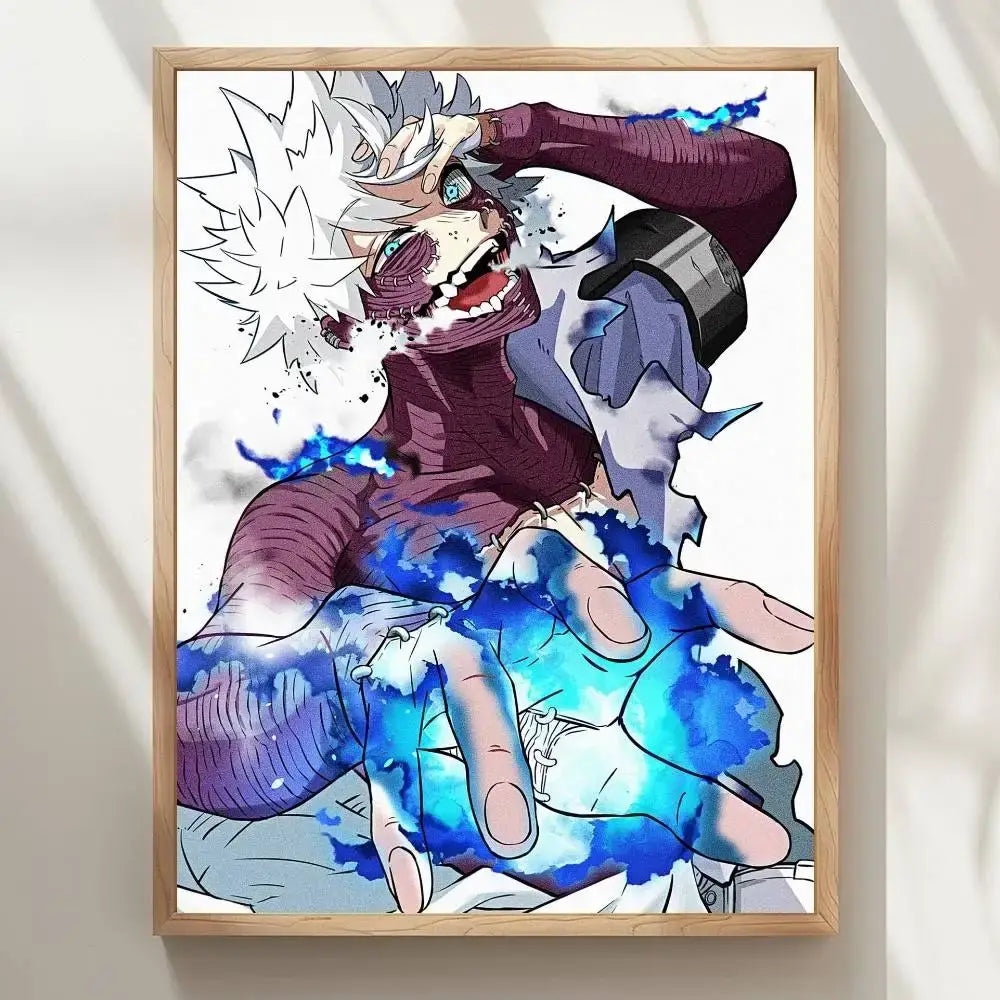 A framed my hero academia dabi wall poster featuring a spiky white-haired character in vibrant blue watercolor splashes
