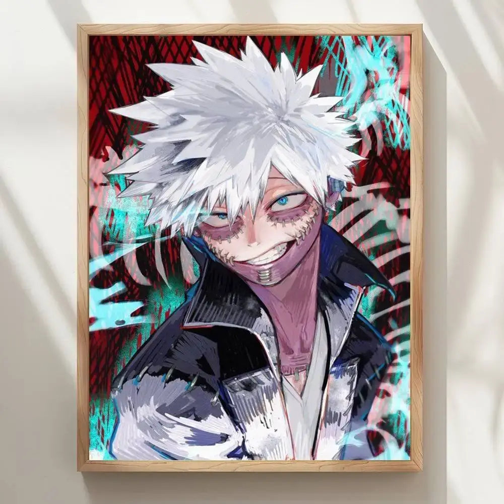 A framed my hero academia dabi wall poster featuring a waterproof print of a white haired character with blue eyes and stitches