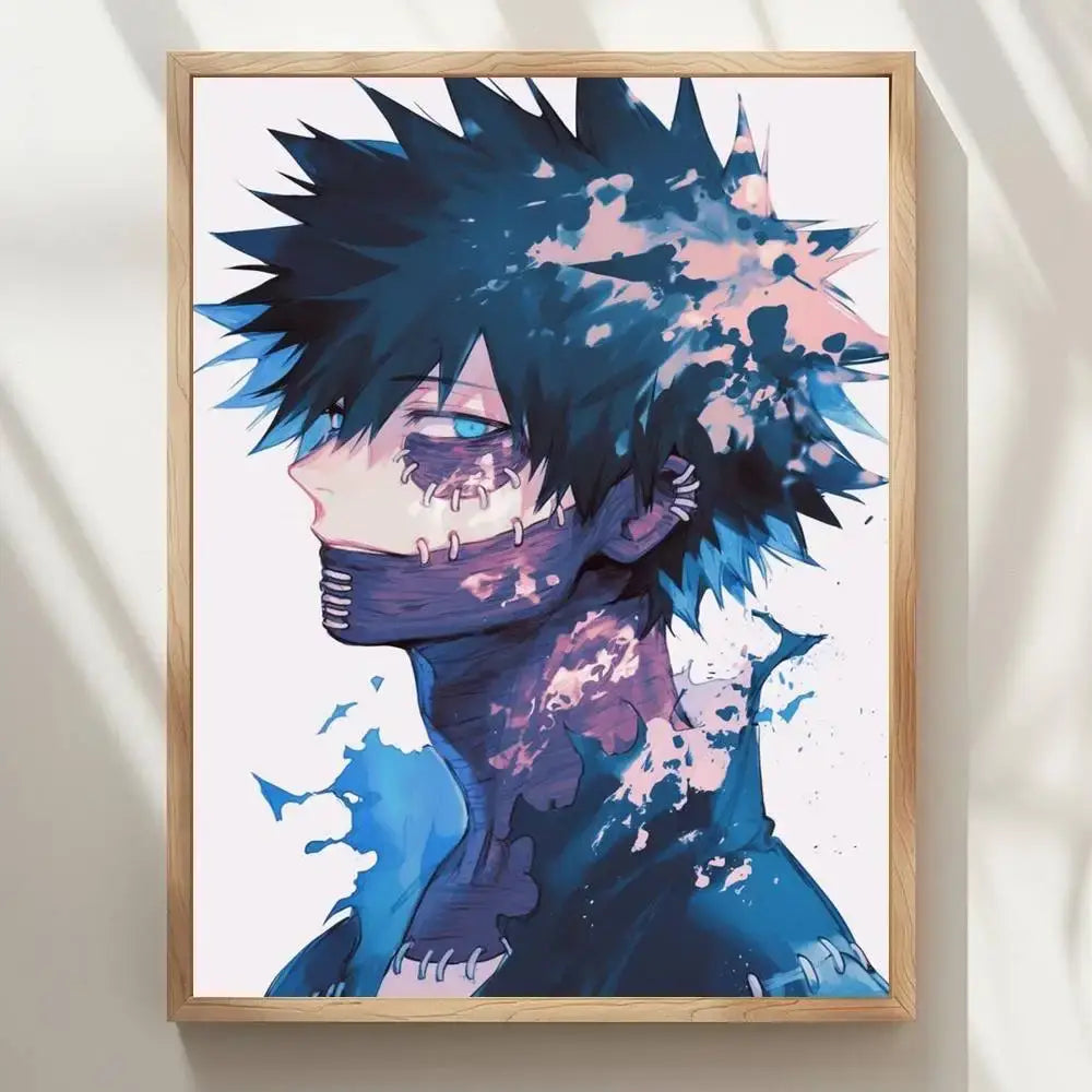 A framed my hero academia dabi wall poster with stitched dark blue hair and vibrant pink purple splashes on white background