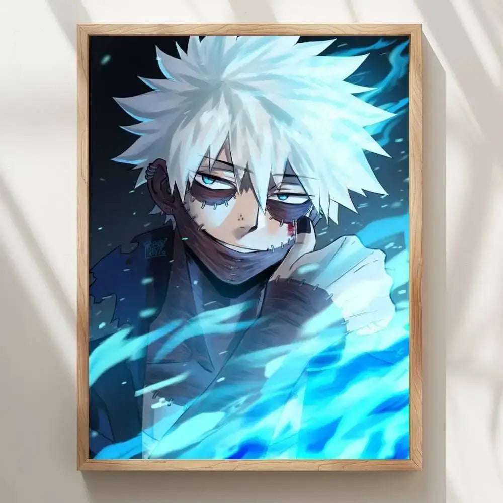 A waterproof my hero academia dabi wall poster featuring a framed anime portrait with spiky white hair and glowing cyan energy