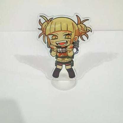 Clear acrylic figure stand featuring chibi style blonde pigtail character in green beige outfit from hero academia