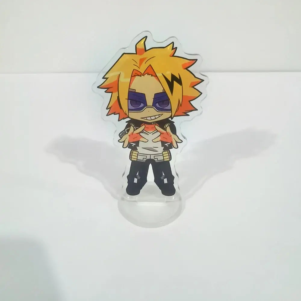 Clear acrylic figure stand featuring a chibi hero academia character with spiky orange hair purple sunglasses and orange black outfit