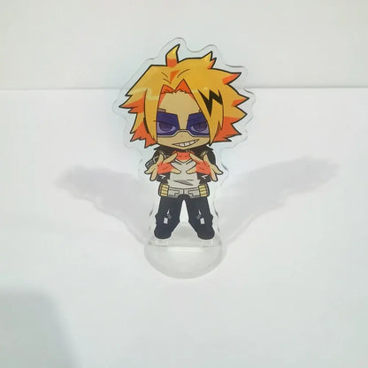 Clear acrylic figure stand featuring a chibi hero academia character with spiky orange hair purple sunglasses and orange black outfit