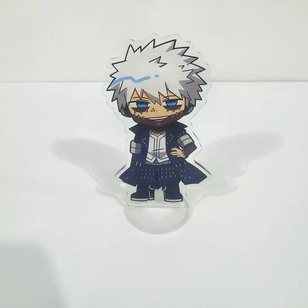 Clear acrylic figure stand featuring chibi white-haired character with blue eyes in hero academia style desk decor