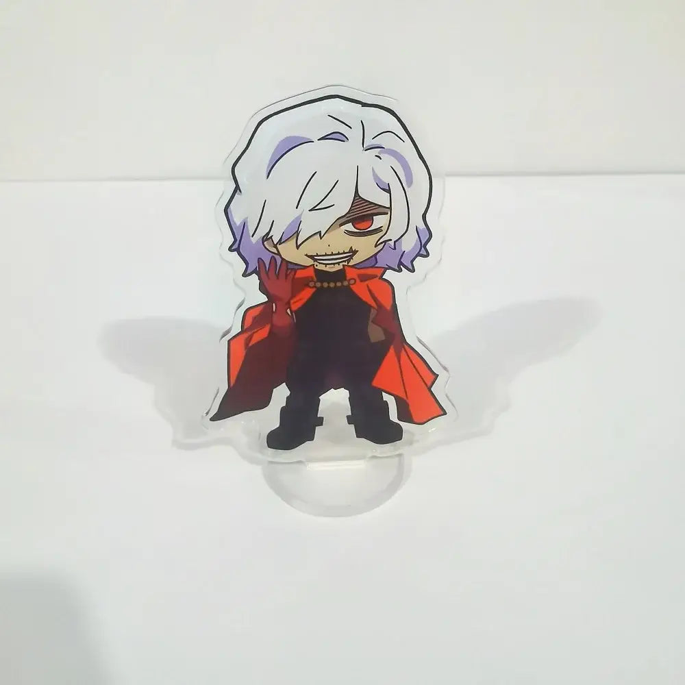 Clear acrylic figure stand featuring a chibi-style my hero academia character with white and purple hair and red cape