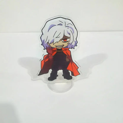 Clear acrylic figure stand featuring a chibi-style my hero academia character with white and purple hair and red cape