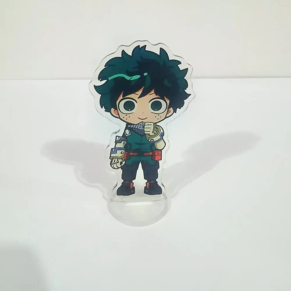 Clear acrylic figure stand featuring chibi izuku midoriya in hero academia outfit for desk decor