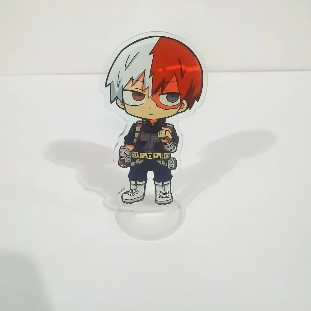 Clear acrylic figure stand featuring a chibi hero academia character with half white and half red hair wearing glasses