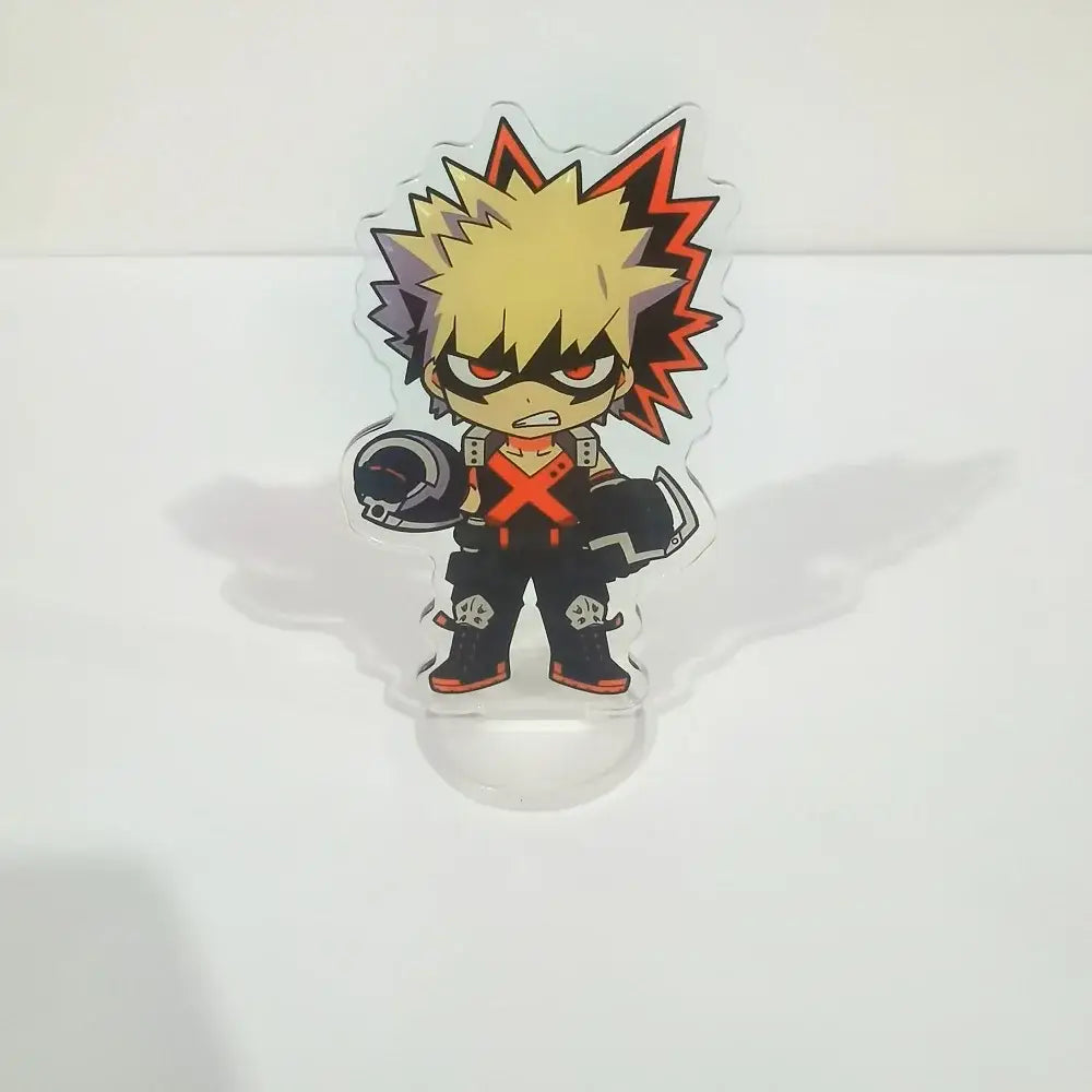 Clear acrylic figure stand featuring chibi bakugo with spiky blonde hair and red eyes from my hero academia desk decor