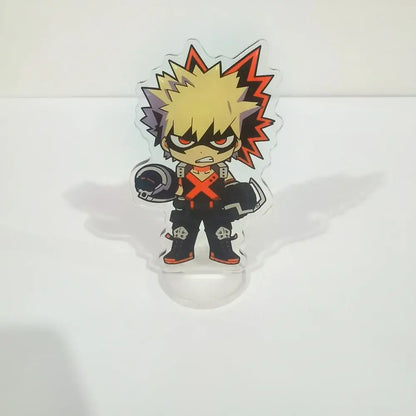 Clear acrylic figure stand featuring chibi bakugo with spiky blonde hair and red eyes from my hero academia desk decor