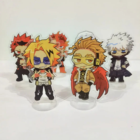 Clear acrylic figure stand featuring a chibi orange-haired hero academia character with blue goggles for desk decor