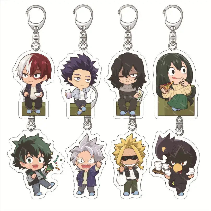 Set of eight chibi-style my hero academia acrylic keychains with silver metal clasps and clear acrylic bodies
