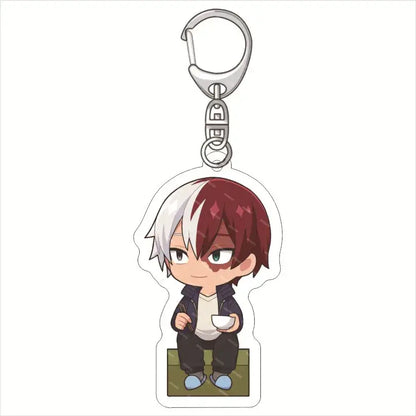 Chibi-style my hero academia acrylic keychain featuring a half-white half-red haired character holding a cup in dark jacket