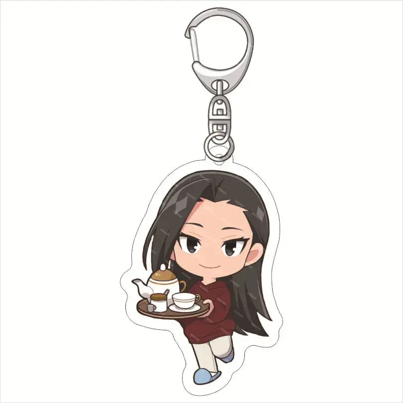 My hero academia dekru acrylic keychain features a chibi girl with long dark hair in a red dress holding a teapot tray