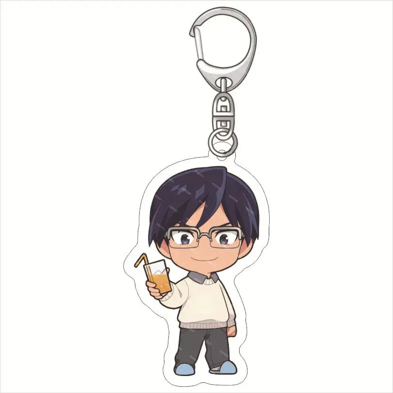 Silver-toned acrylic keychain featuring chibi deku from my hero academia holding an orange drink in a clear glass