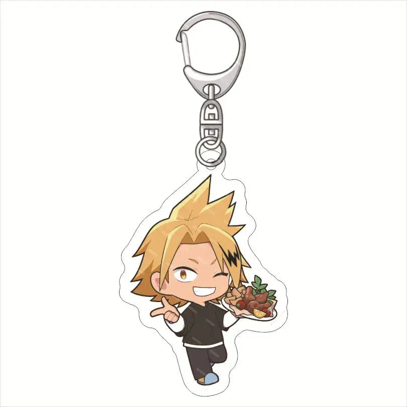 My Hero Academia acrylic keychain featuring a clear charm with a spiky blonde chibi character holding food