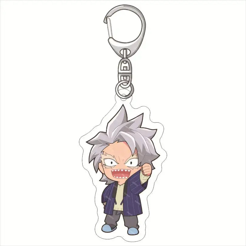 My hero academia deku acrylic keychain featuring a silver-haired character with purple striped coat and blue shoes angry expression