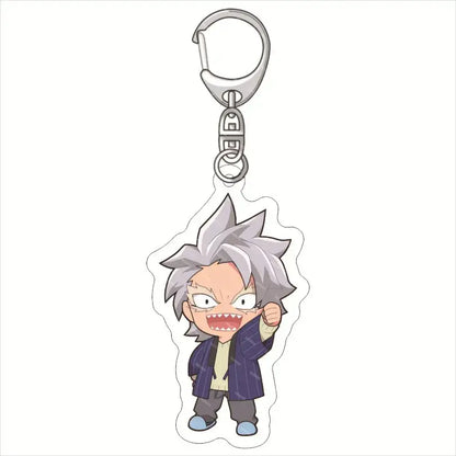 My hero academia deku acrylic keychain featuring a silver-haired character with purple striped coat and blue shoes angry expression